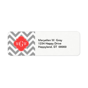 Dk Gray Lg Chevron Coral Red Quatrefoil 3 Monogram Etiket