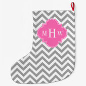 Dk Gray Lg Chevron Hot Pink Quatrefoil 3 Monogram Grote Kerstsok (Achterkant)