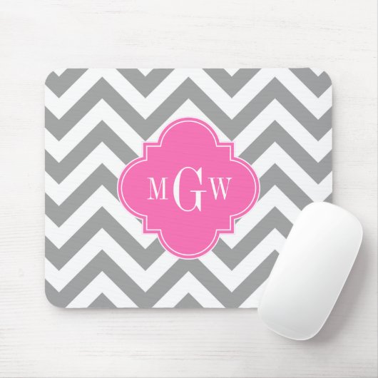 Dk Gray Lg Chevron Hot Pink Quatrefoil 3 Monogram Muismat (Met muis)