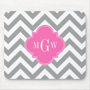 Dk Gray Lg Chevron Hot Pink Quatrefoil 3 Monogram Muismat