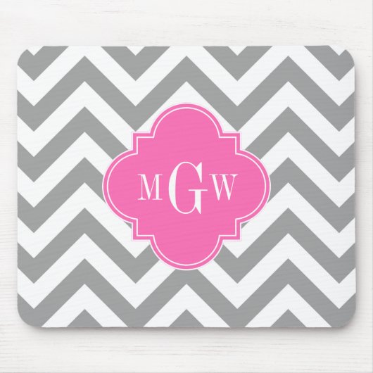Dk Gray Lg Chevron Hot Pink Quatrefoil 3 Monogram Muismat (Voorkant)