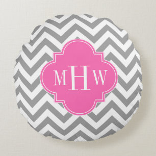 Dk Gray Lg Chevron Hot Pink Quatrefoil 3 Monogram Rond Kussen