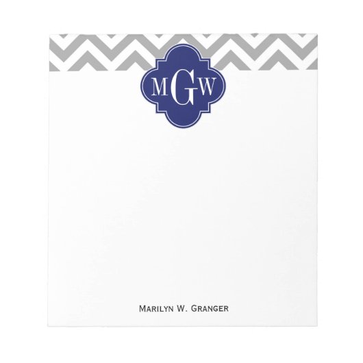 Dk Gray Lg Chevron Navy Quatrefoil 3 Monogram Notitieblok (Voorkant)