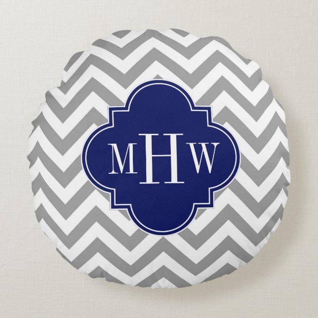 Dk Gray Lg Chevron Navy Quatrefoil 3 Monogram Rond Kussen (Voorkant)