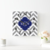Dk Gray Lg Chevron Navy Quatrefoil 3 Monogram Vierkante Klok (Huis)