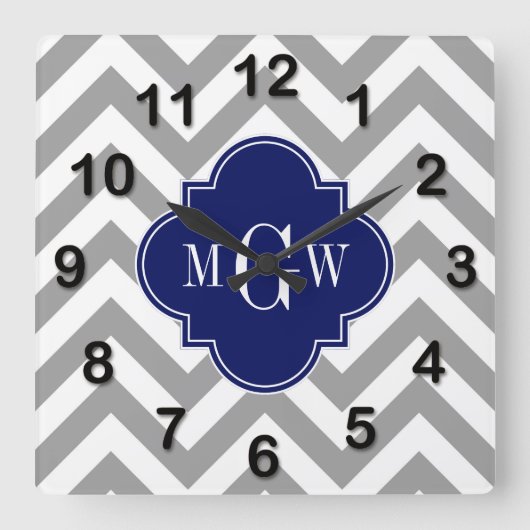 Dk Gray Lg Chevron Navy Quatrefoil 3 Monogram Vierkante Klok (Voorkant)