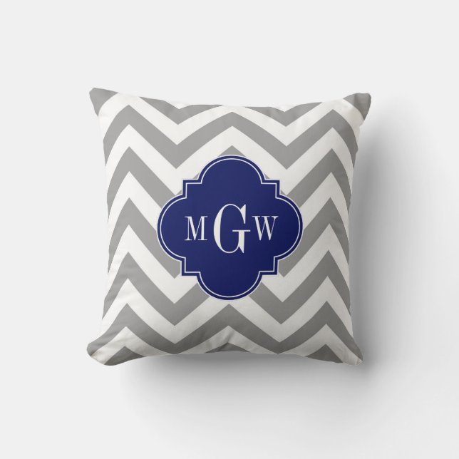 Dk Gray Lg Chevron Navy Vierblad 3 Monogram Kussen (Voorkant)
