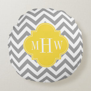 Dk Gray Lg Chevron Pineapple Quatrefoil 3 Monogram Rond Kussen