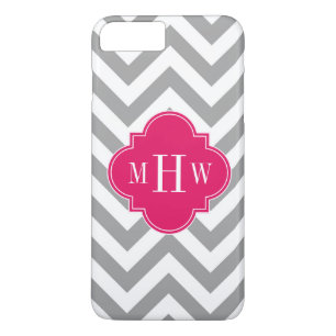 Dk Gray Lg Chevron Raspberry Quatrefoil 3 Monogram iPhone 8/7 Plus Hoesje