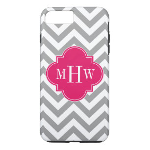 Dk Gray Lg Chevron Raspberry Quatrefoil 3 Monogram iPhone 8/7 Plus Hoesje