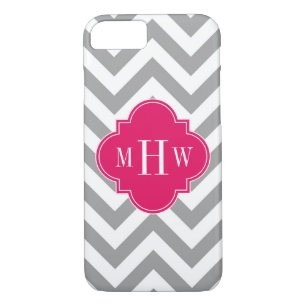 Dk Gray Lg Chevron Raspberry Quatrefoil 3 Monogram iPhone 8/7 Hoesje