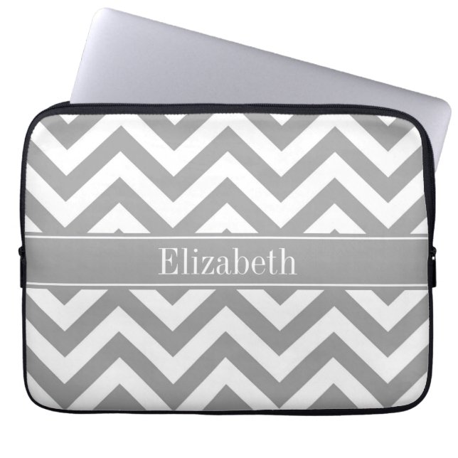 Dk Gray White LG Chevron Dk Gray Name Monogram Laptop Sleeve (Voorkant)