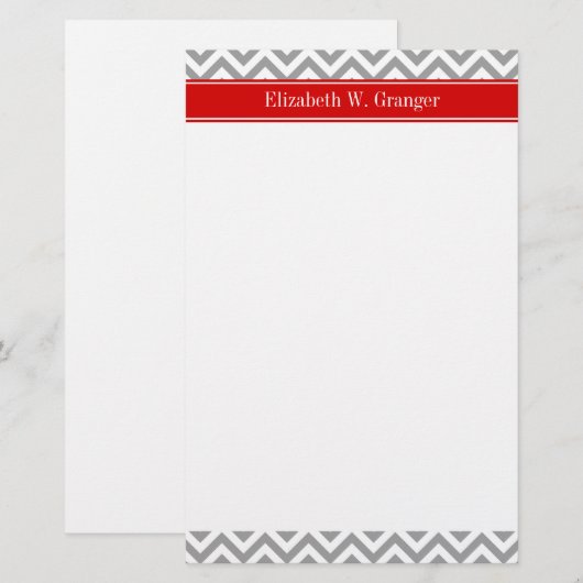 Dk Gray White LG Chevron Red Name Monogram Briefpapier (Voorkant / Achterkant)