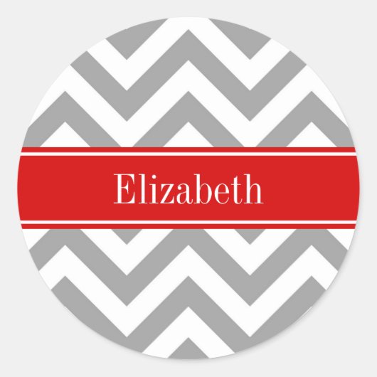 Dk Gray White LG Chevron Red Name Monogram Ronde Sticker (Voorkant)