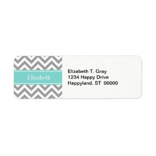 Dk Gray White LG Chevron Turquoise Name Monogram Etiket