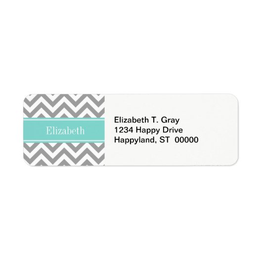 Dk Gray White LG Chevron Turquoise Name Monogram Etiket (Voorkant)