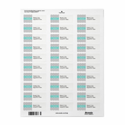 Dk Gray White LG Chevron Turquoise Name Monogram Etiket (Full Sheet)