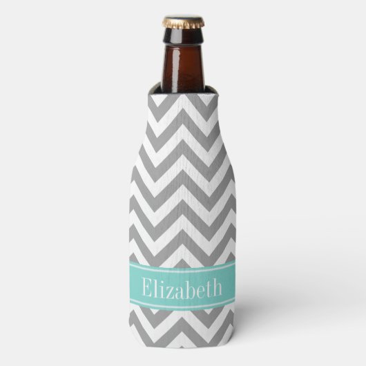 Dk Gray White LG Chevron Turquoise Name Monogram Flesjeskoeler (Fles Voorkant)