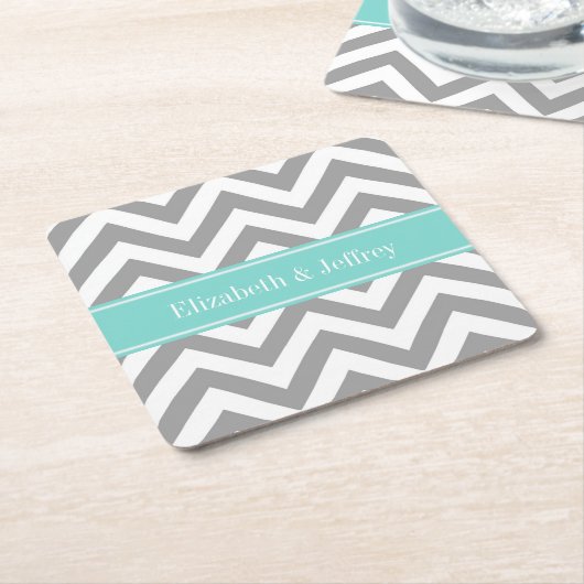 Dk Gray White LG Chevron Turquoise Name Monogram Kartonnen Onderzetters (Schuin)