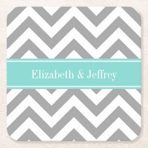 Dk Gray White LG Chevron Turquoise Name Monogram Kartonnen Onderzetters