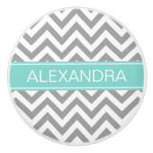 Dk Gray White LG Chevron Turquoise Name Monogram Keramische Knop (Voorkant)