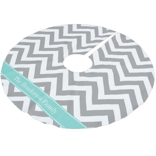 Dk Gray White LG Chevron Turquoise Name Monogram Kerstboom Rok (Gekanteld)