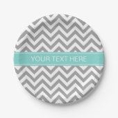 Dk Gray White LG Chevron Turquoise Name Monogram Papieren Bordje (Voorkant)