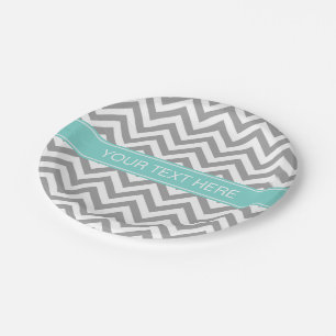 Dk Gray White LG Chevron Turquoise Name Monogram Papieren Bordje