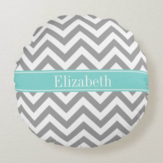 Dk Gray White LG Chevron Turquoise Name Monogram Rond Kussen (Voorkant)