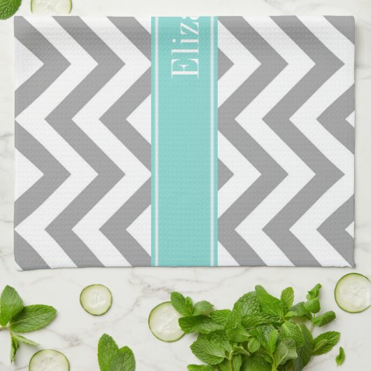 Dk Gray White LG Chevron Turquoise Name Monogram Theedoek (Gevouwen)