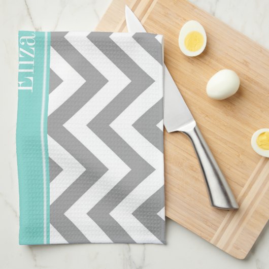 Dk Gray White LG Chevron Turquoise Name Monogram Theedoek (Quarter Fold)