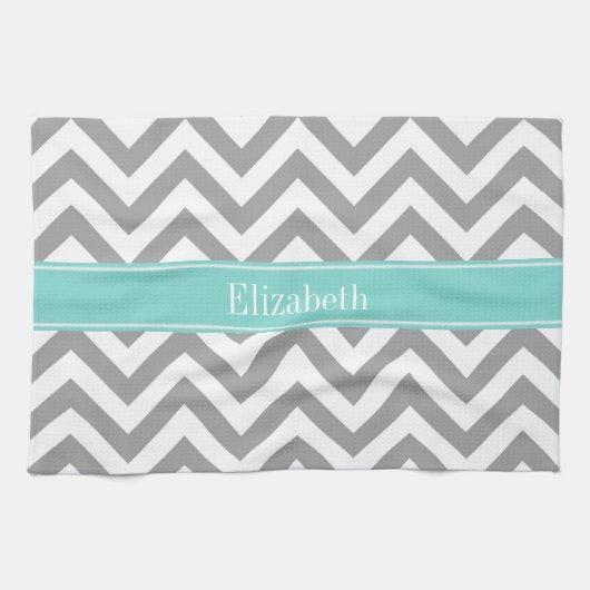 Dk Gray White LG Chevron Turquoise Name Monogram Theedoek (Horizontaal)