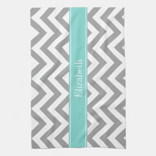 Dk Gray White LG Chevron Turquoise Name Monogram Theedoek (Verticaal)