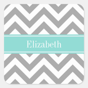 Dk Gray White LG Chevron Turquoise Name Monogram Vierkante Sticker