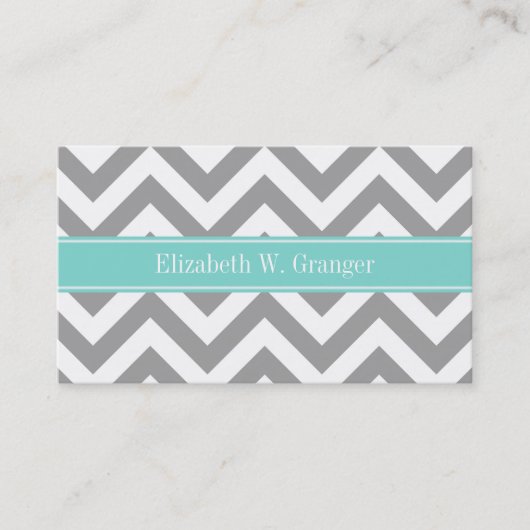 Dk Gray White LG Chevron Turquoise Name Monogram Visitekaartje (Voorkant)