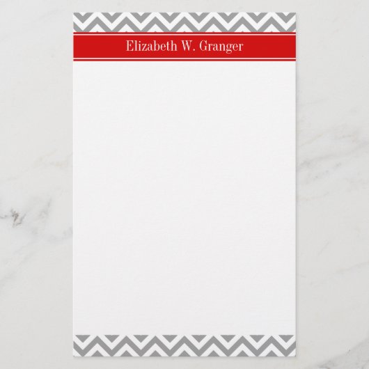 Dk Grijs Wit LG Chevron Rood Naam Monogram Briefpapier (Voorkant)