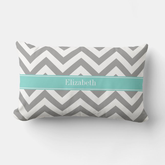 Dk Grijs Wit LG Chevron Turquoise Naam Monogram Kussen (Voorkant)