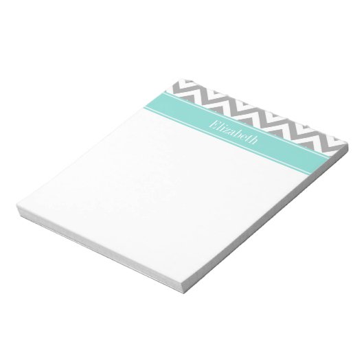 Dk Grijs Wit LG Chevron Turquoise Naam Monogram Notitieblok (Linkerzijde)
