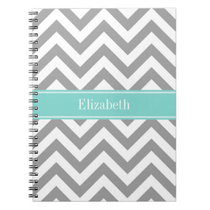 Dk Grijs Wit LG Chevron Turquoise Naam Monogram Notitieboek