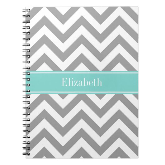 Dk Grijs Wit LG Chevron Turquoise Naam Monogram Notitieboek (Voorkant)