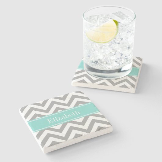 Dk Grijs Wit LG Chevron Turquoise Naam Monogram Stenen Onderzetter (Zijkant)