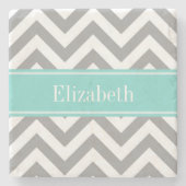 Dk Grijs Wit LG Chevron Turquoise Naam Monogram Stenen Onderzetter (Voorkant)