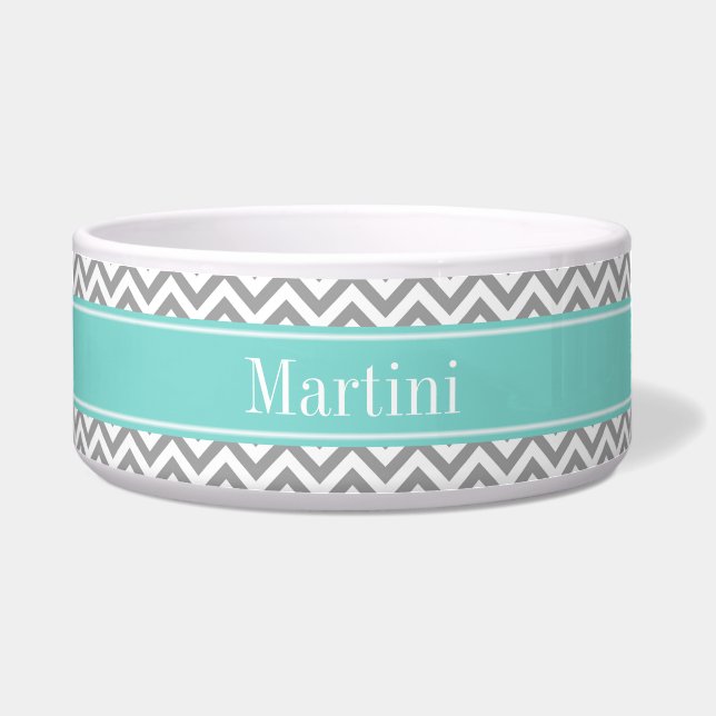 Dk Grijs Wit LG Chevron Turquoise Naam Monogram Voerbakje (Voorkant)