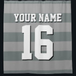 DK Grijze Houtskool Sport Jersey Preppy Stripe Douchegordijn<br><div class="desc">Preppy Striped Team Jersey / Sports Jersey / Football Jersey / Rugby Jersey met aangepaste naam Pas dit aan met uw eigen naam of teamnaam en een nummer. U kunt de grootte, de kleur en de plaatsing van de tekst wijzigen als u wijzigingen moet aanbrengen, de kleur van de tekstschaduw...</div>