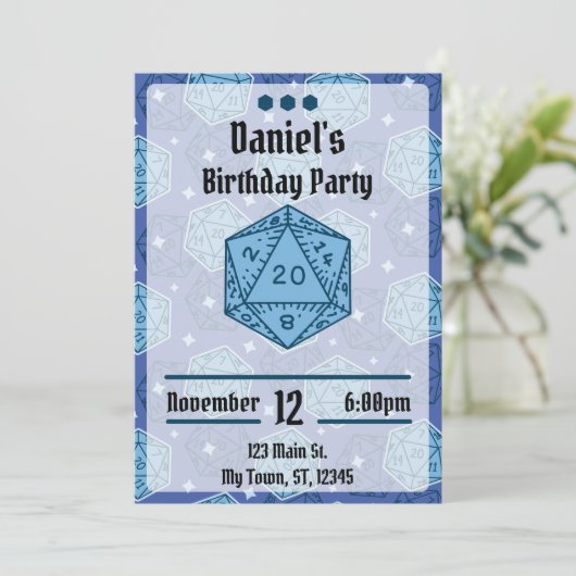 DnD Verjaardagsfeest DnD D20 Blauwe Dice Kaart (Staand voorkant)