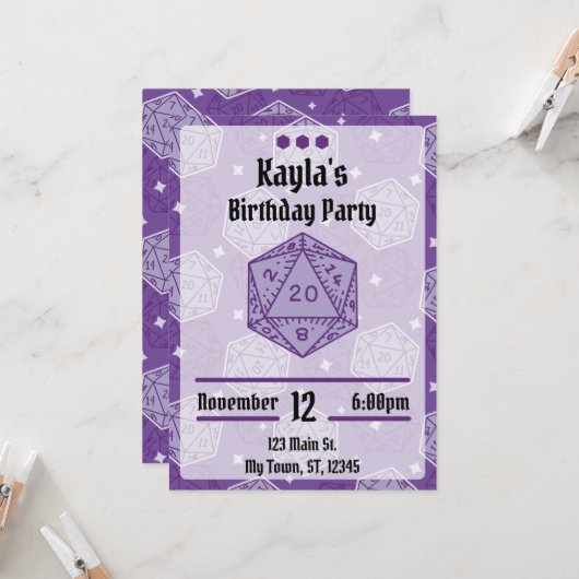 DnD Verjaardagsfeest DnD D20 Dice Kaart (Voorkant / Achterkant in situ)
