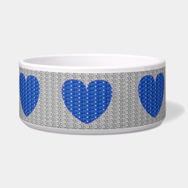 Dob Bowl Silver Blue Heart Glitter Voerbakje (Voorkant)