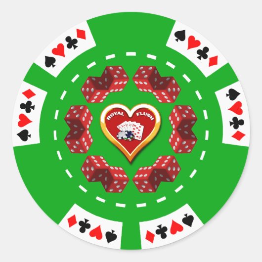 DOBBELSTENEN EN ROYAL FLUSH POKER CHIP RONDE STICKER (Voorkant)