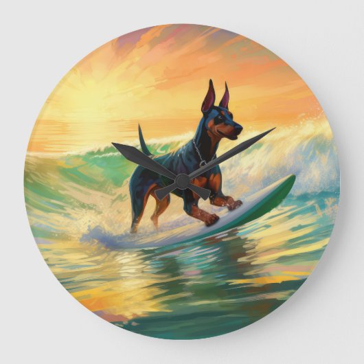 Doberman Beach Surfing Schilderij Grote Klok (Voorkant)