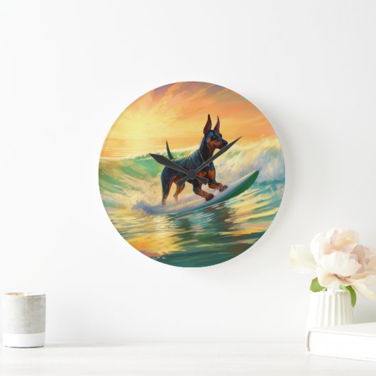 Doberman Beach Surfing Schilderij Grote Klok (Huis)
